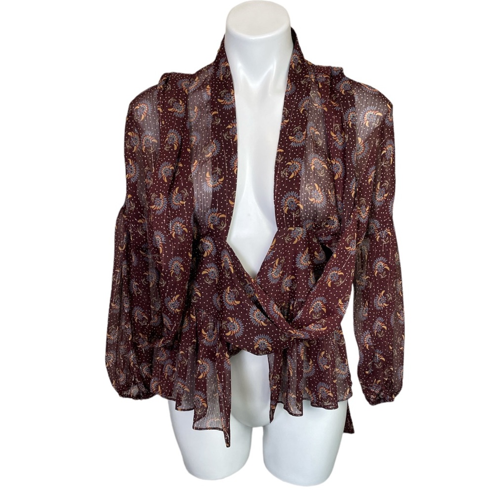 Zara | Women's Burgundy Boho Print Sheer Tie Waist Top | Size: XS - Picture 10 of 10